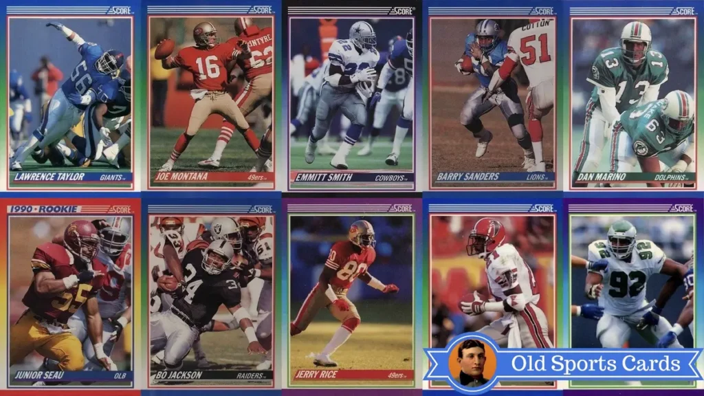 A collage of the most valuable cards from the 1990 Score Football sports card set.
