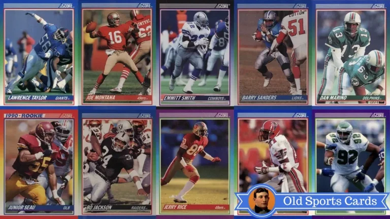 A collage of the most valuable cards from the 1990 Score Football sports card set.