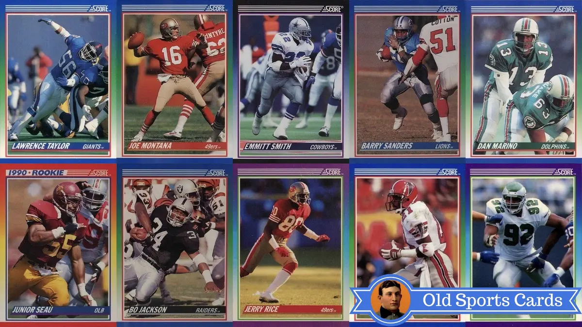 A collage of the most valuable cards from the 1990 Score Football sports card set.