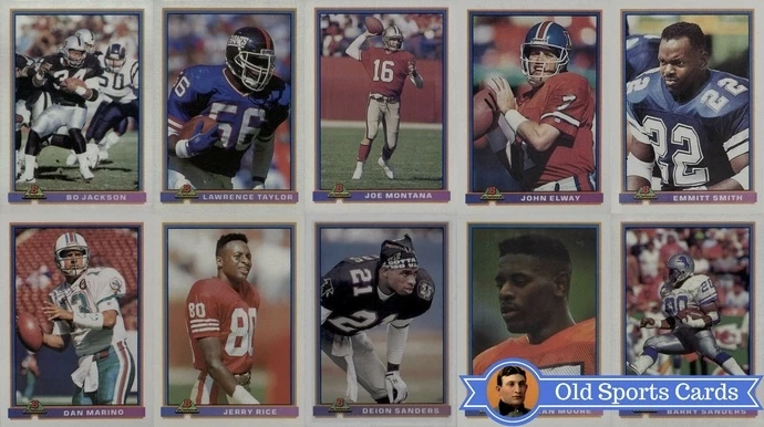 A collage of the most valuable cards from the 1991 Bowman Football sports card set.A collage of the most valuable cards from the 1991 Bowman Football sports card set.