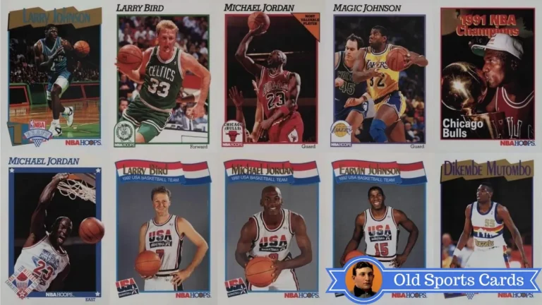A collage of the most valuable cards from the 1991 NBA Hoops Basketball sports card set.