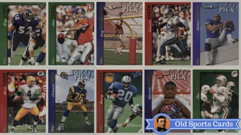 A collage of the most valuable cards from the 1997 Topps Football sports card set.