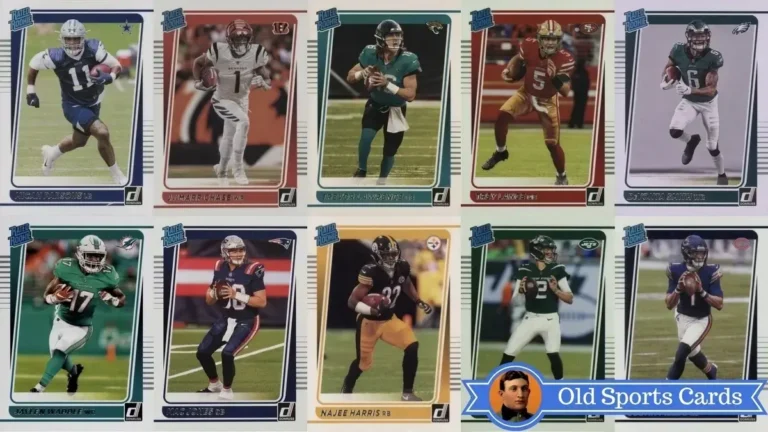 A collage of the most valuable cards from the 2021 Donruss Football sports card set.