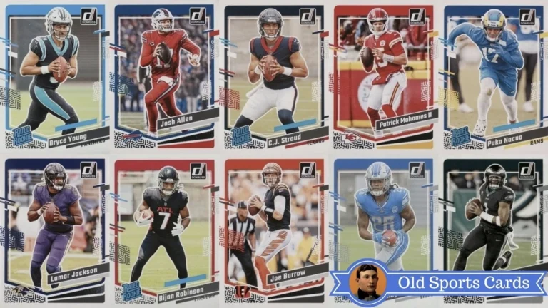 A collage of the most valuable cards from the 2023 Donruss Football sports card set.