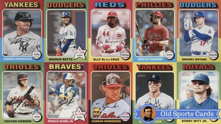 A collage of the most valuable cards from the 2024 Topps Heritage Baseball sports card set.