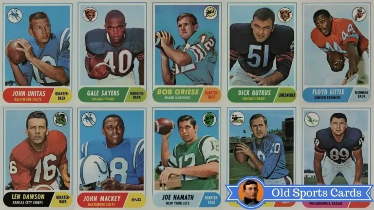 A collage of the most valuable cards from the 1968 Topps Football sports card set.